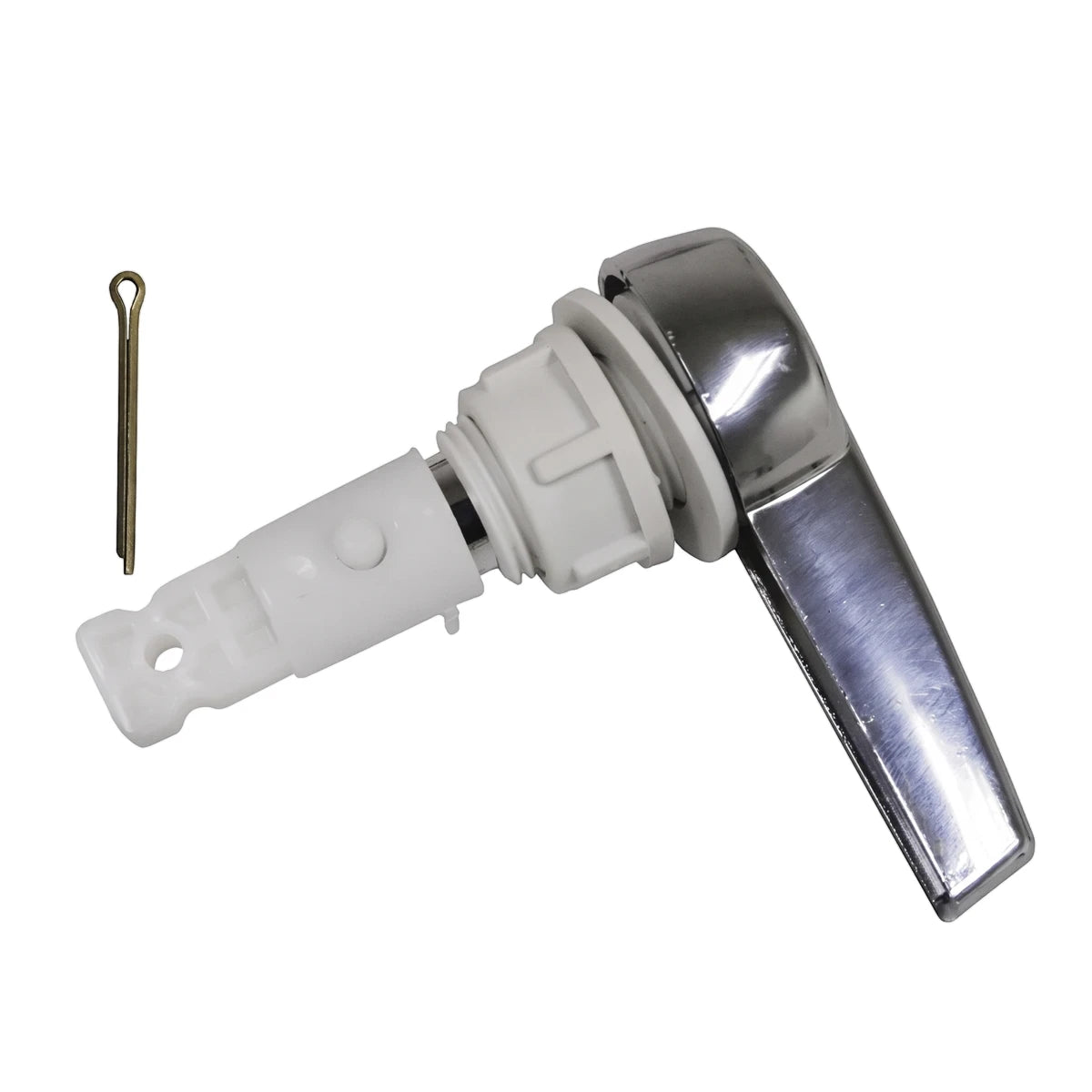 Chrome plated plastic toilet cistern handle for flush mechanism, shown with an accompanying metal cotter pin for
