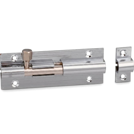 Chrome plated straight barrel bolt with keeper, featuring a hexagonal knob and multiple mounting holes.