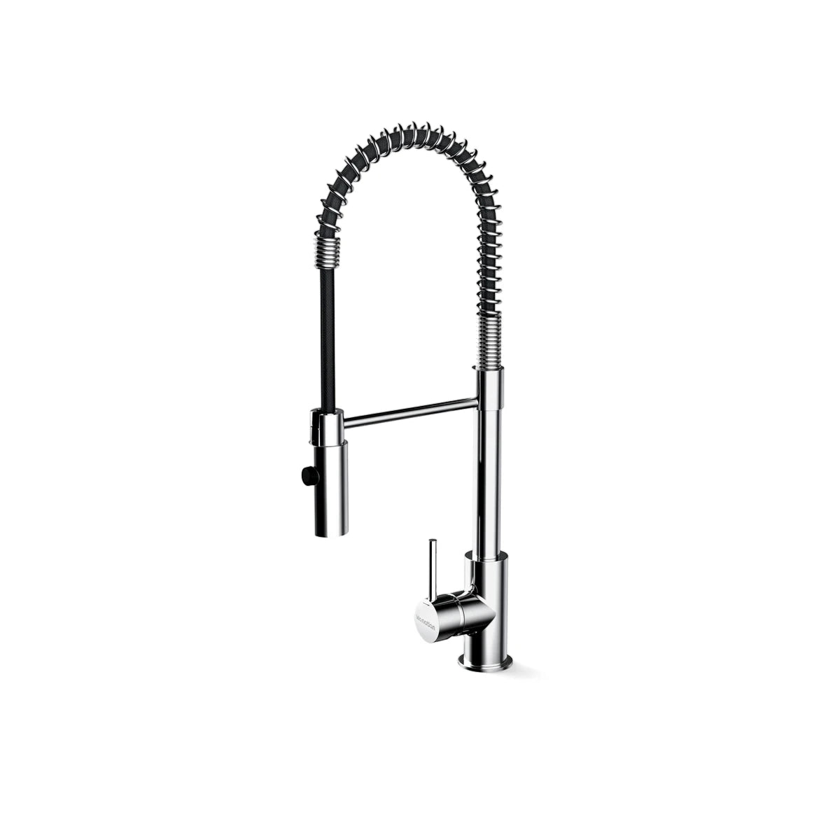 Chrome pull-down kitchen faucet with a black coiled spring and single handle, shown vertically from the front.