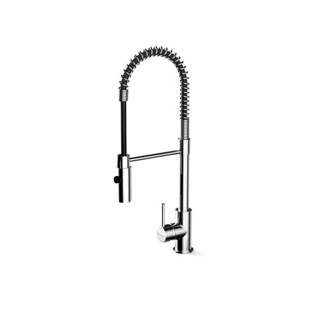 Chrome pull-down kitchen faucet with a black coiled spring and single handle, shown vertically from the front.