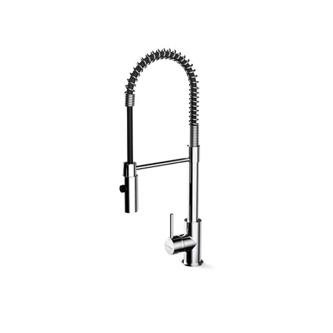 Chrome pull-down kitchen faucet with a black coiled spring and single handle, shown vertically from the front.
