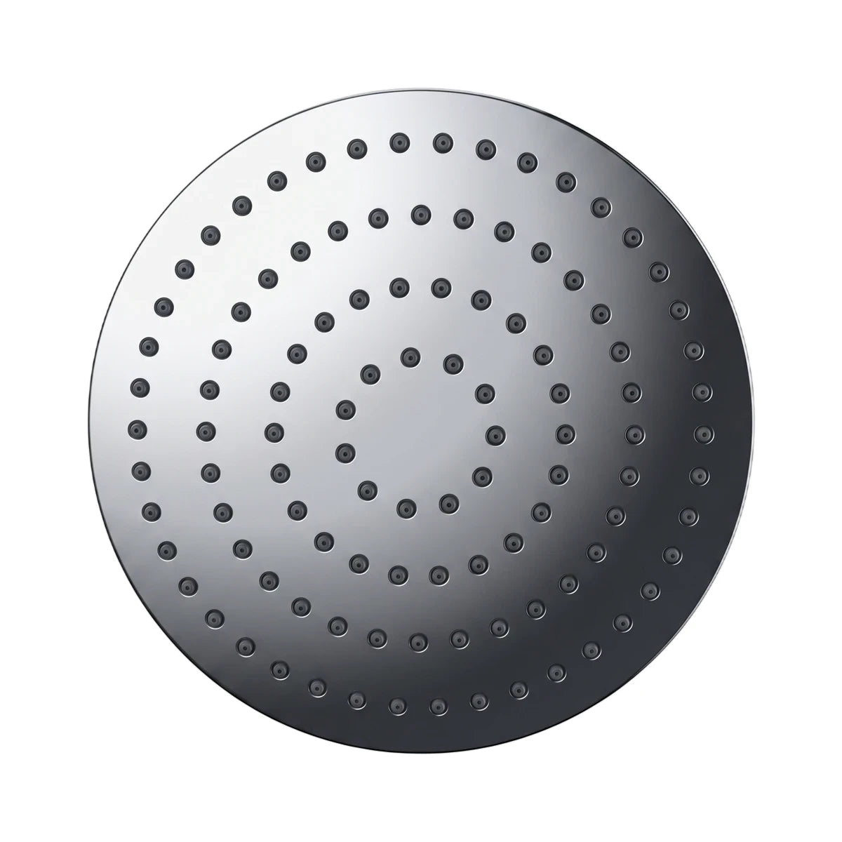Chrome round shower head, 300mm diameter with multiple nozzles, photographed from a top-down view.