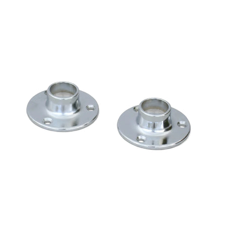 Pair of shiny chrome metallic shower end brackets, designed for mounting, featuring screw holes on each flange.