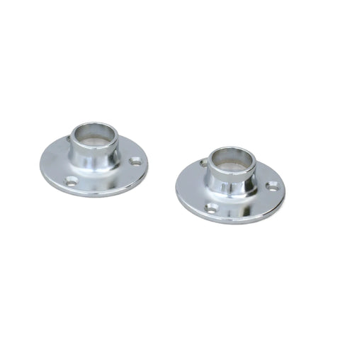 Pair of shiny chrome metallic shower end brackets, designed for mounting, featuring screw holes on each flange.