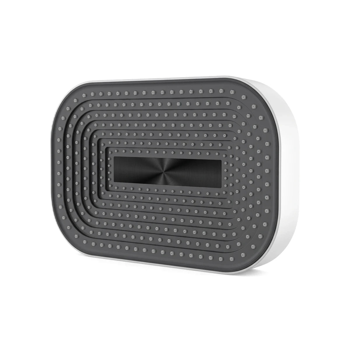 Rectangular dark gray shower head with a textured surface, white trim, and a metallic brushed center, viewed from a slight