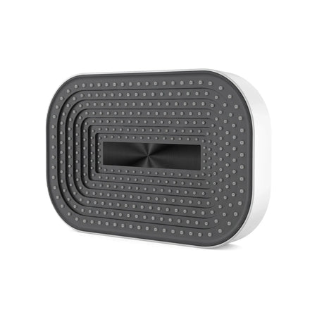 Rectangular dark gray shower head with a textured surface, white trim, and a metallic brushed center, viewed from a slight