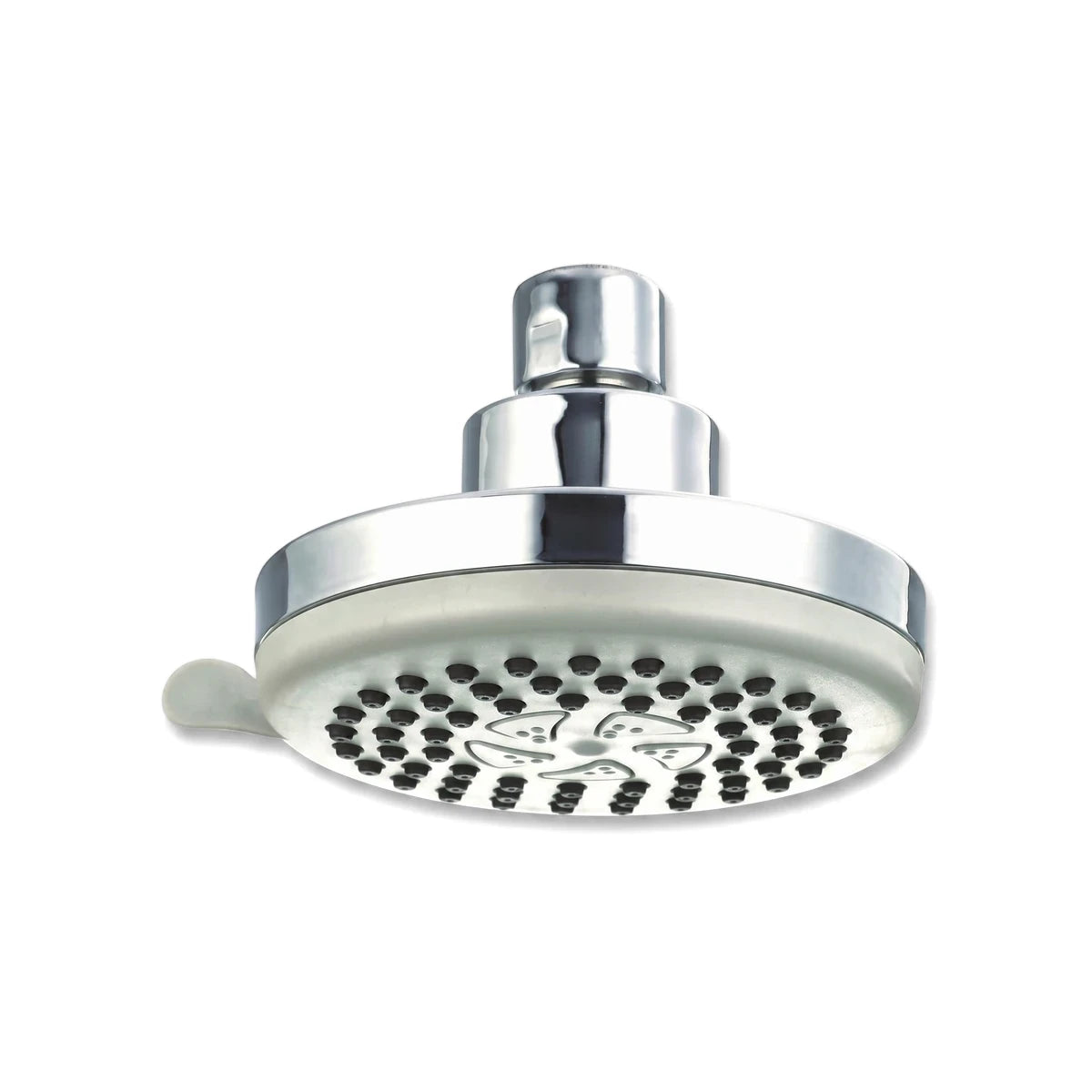 Chrome shower rose with a grey face and 3 settings, featuring a polished finish and multiple nozzles.