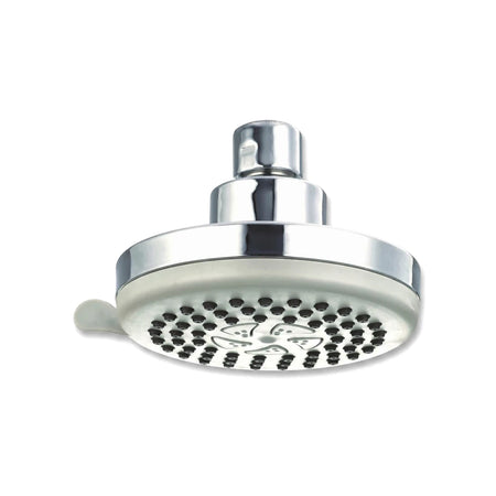 Chrome shower rose with a grey face and 3 settings, featuring a polished finish and multiple nozzles.