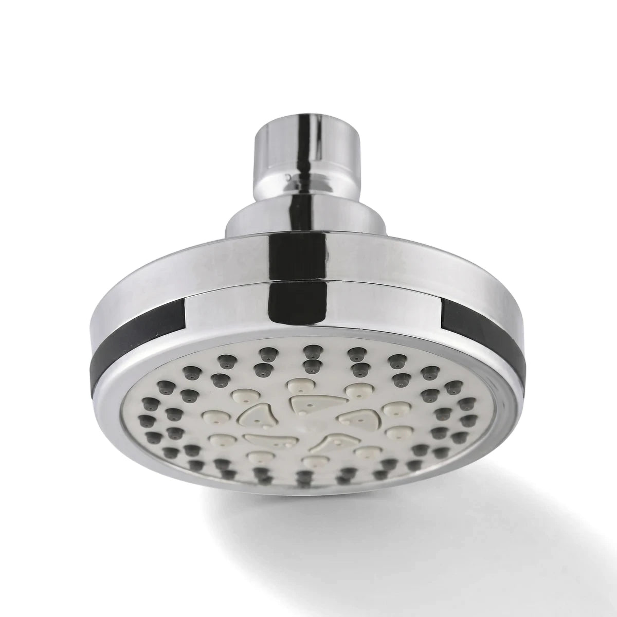 A grey and chrome 5-setting shower rose features a circular head with multiple spray nozzles and a polished finish.