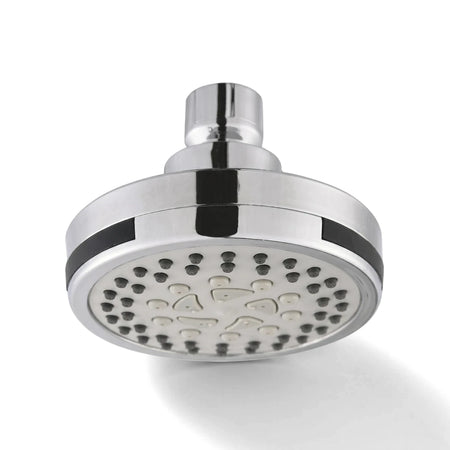 A grey and chrome 5-setting shower rose features a circular head with multiple spray nozzles and a polished finish.