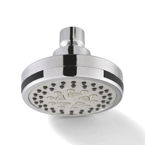 A grey and chrome 5-setting shower rose features a circular head with multiple spray nozzles and a polished finish.