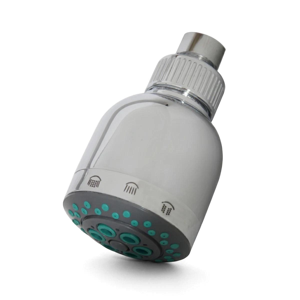 Chrome shower rose with a three-setting spray face and teal blue nozzles, viewed at an angle on a white background.