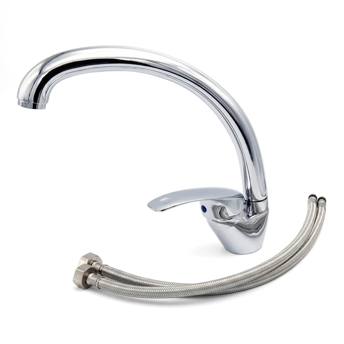 Chrome single lever pull out mixer kitchen faucet with a high-arc spout and two braided supply hoses.