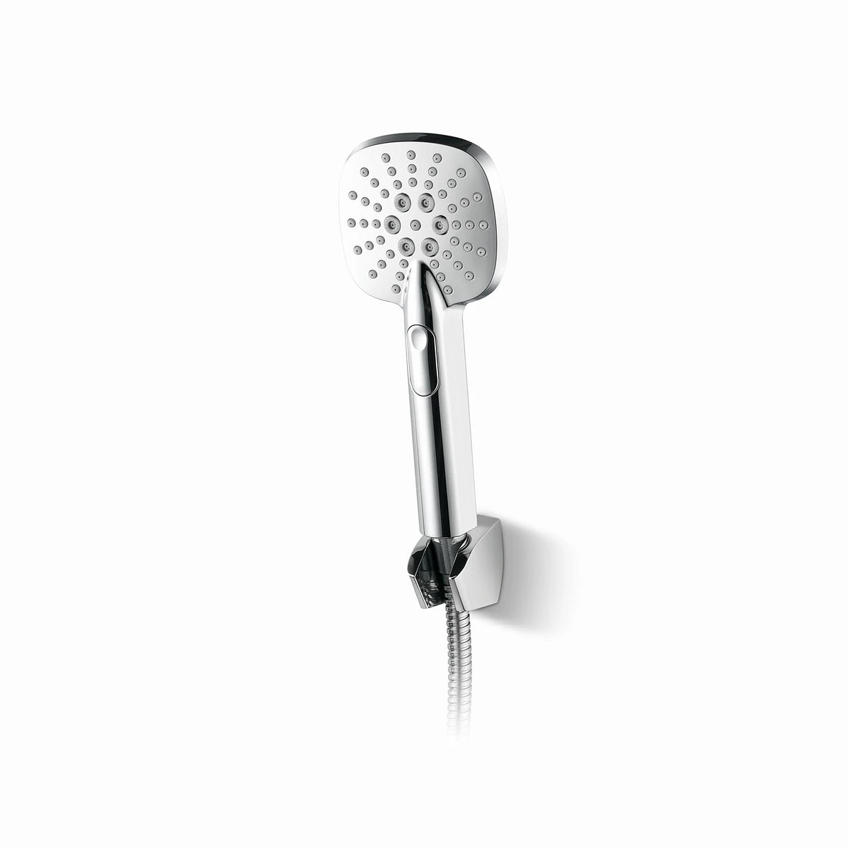 Chrome square hand shower with multi-function spray settings, ergonomically designed handle, and flexible hose for bathroom