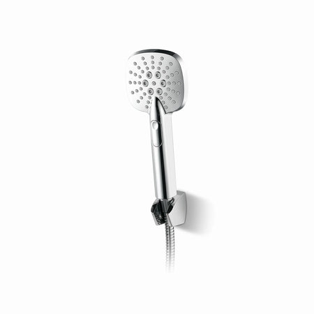 Chrome square hand shower with multi-function spray settings, ergonomically designed handle, and flexible hose for bathroom