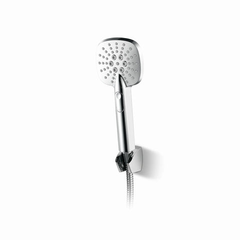 Chrome square hand shower with multi-function spray settings, ergonomically designed handle, and flexible hose for bathroom