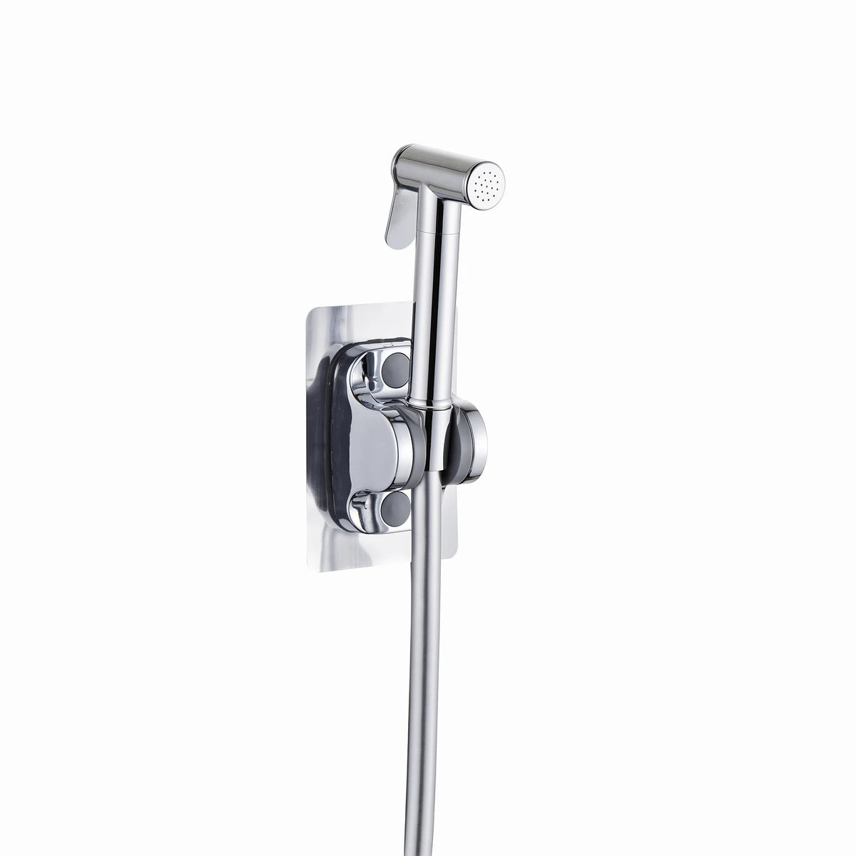 Chrome steel trigger spray bidet with hose and wall mount on a white background, designed for plumbing supports.