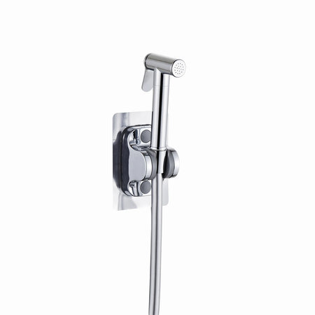 Chrome steel trigger spray bidet with hose and wall mount on a white background, designed for plumbing supports.