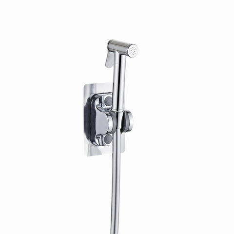 Chrome steel trigger spray bidet with hose and wall mount on a white background, designed for plumbing supports.