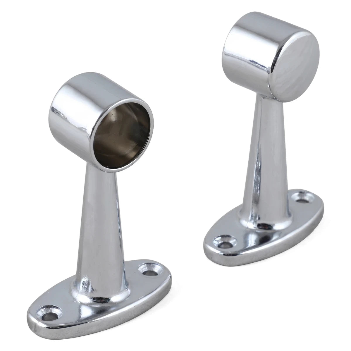 A pair of shiny chrome towel end brackets, featuring a cylindrical holder and an oval mounting base, shown against a white
