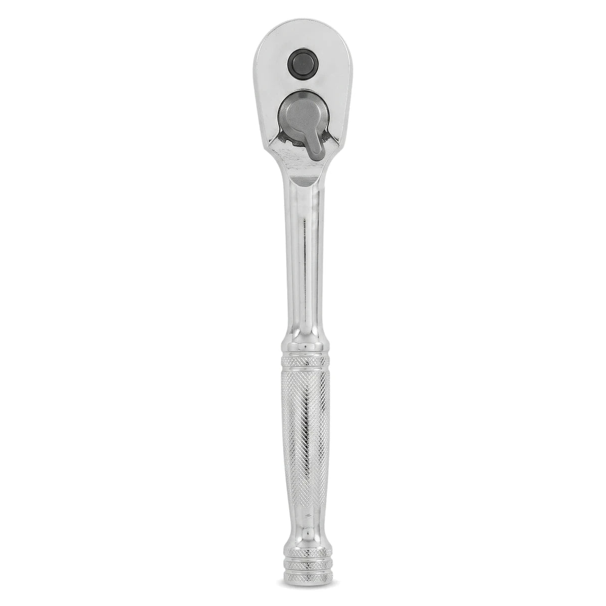 Close-up of a silver chrome vanadium 1/2-inch drive ratchet, a versatile hand tool, shown vertically oriented with its