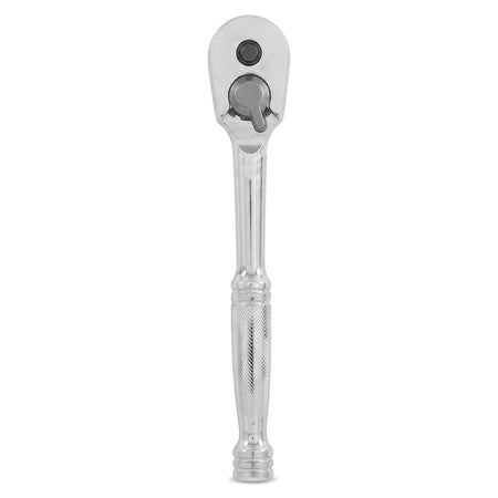 Close-up of a silver chrome vanadium 1/2-inch drive ratchet, a versatile hand tool, shown vertically oriented with its