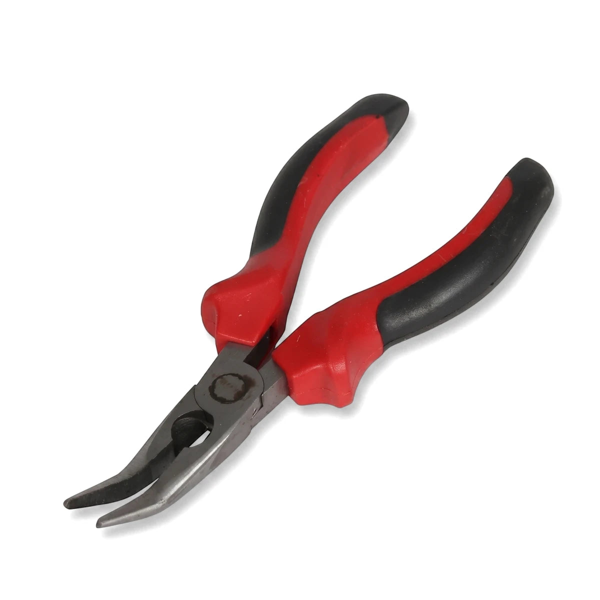 160mm Chrome Vanadium bent nose pliers featuring red and black ergonomic handles, designed for precision work.