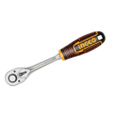 Chrome Vanadium 3/8-inch drive ratchet with 45-teeth, featuring a silver body and a brown and orange ergonomic handle.