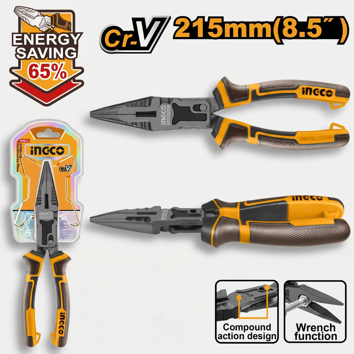 Chrome Vanadium Compound Long Nose Pliers, 215mm (8.5 inches), shown open, closed, and in packaging, with yellow and black