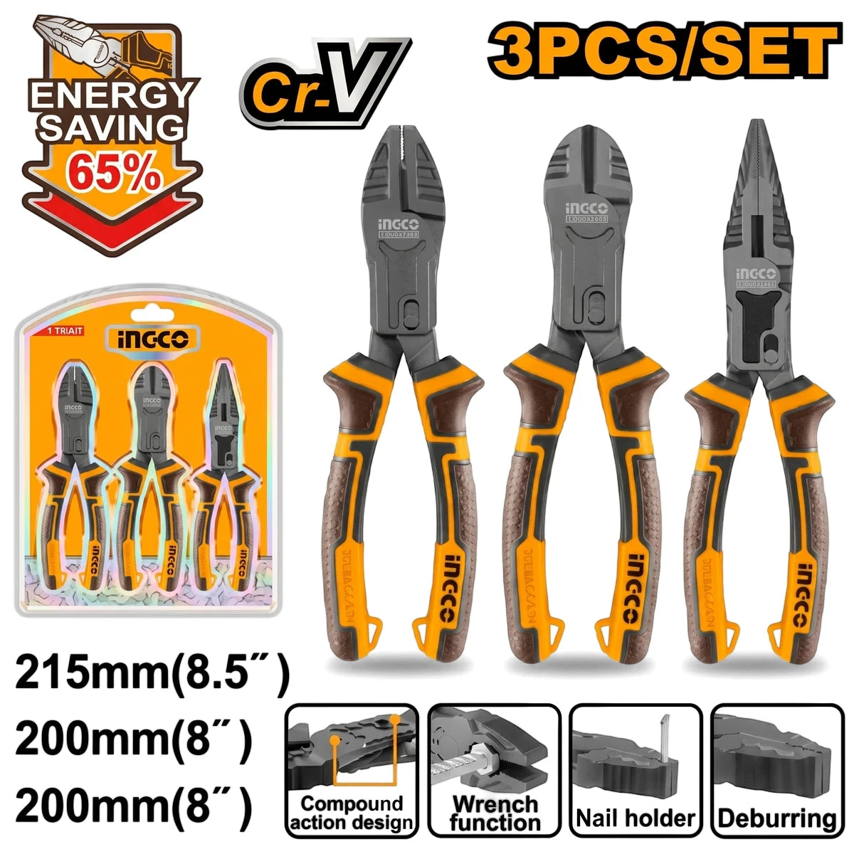 Chrome Vanadium Compound Pliers Set, 3-piece, 200mm, with orange and black handles, displayed individually and in packaging.