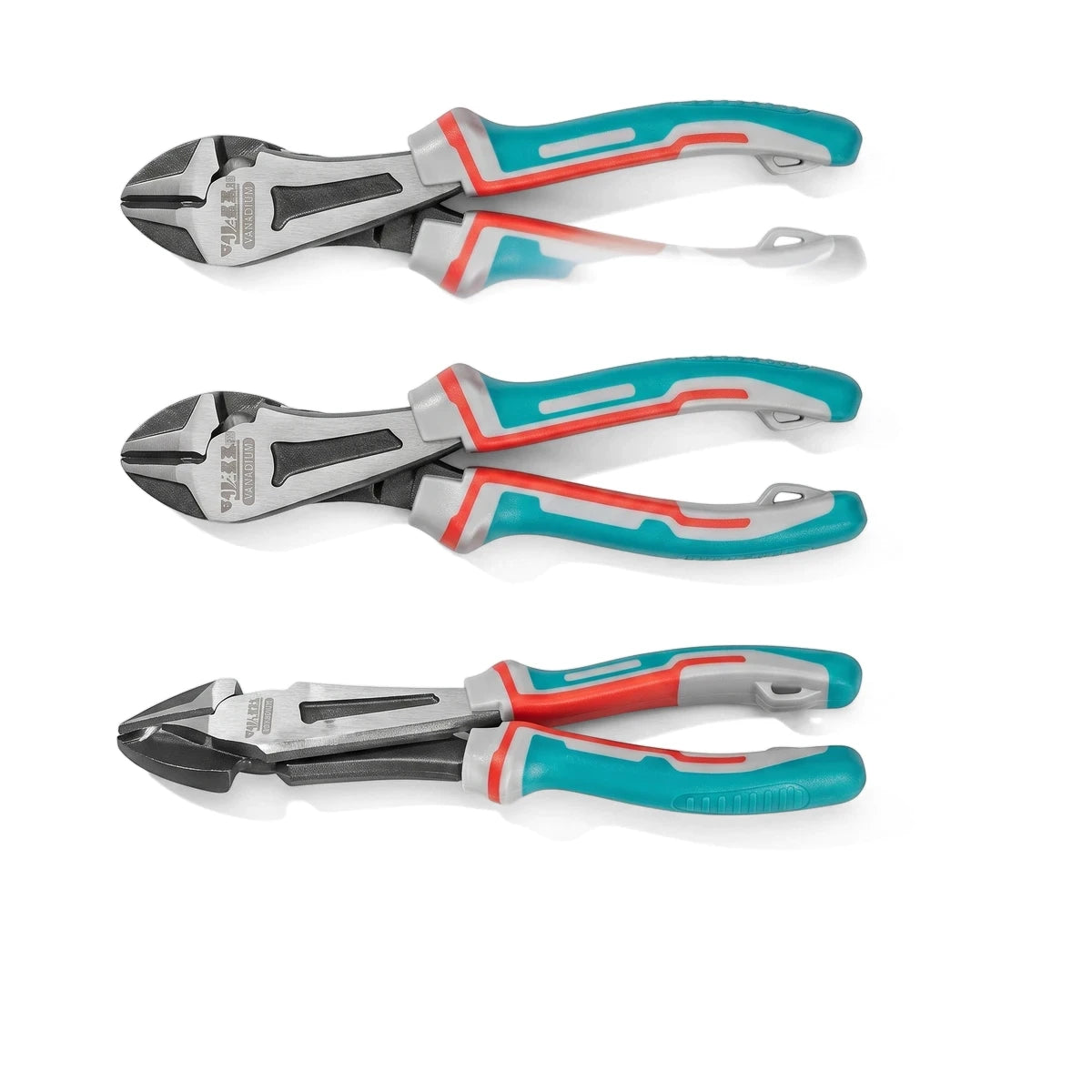 Two 180mm Chrome Vanadium Diagonal Pliers, one open and one closed, featuring teal and red handles, displayed on a white