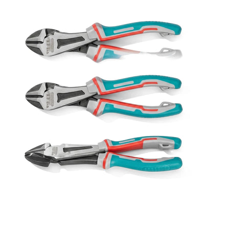 Two 180mm Chrome Vanadium Diagonal Pliers, one open and one closed, featuring teal and red handles, displayed on a white