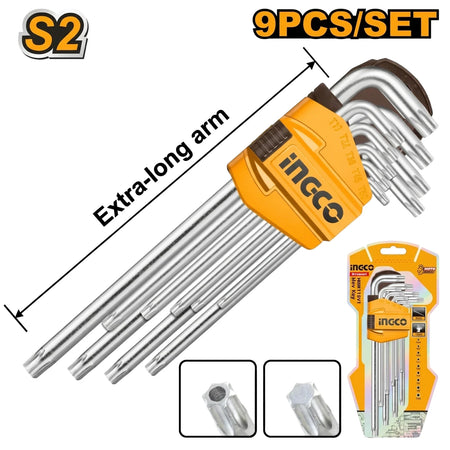 A 9-piece Chrome Vanadium extra-long Torx Allen key set, T10 to T50, in a yellow Ingco holder, displayed diagonally with its