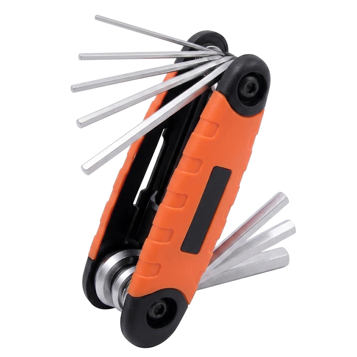 An 8-piece Chrome Vanadium folding Allen key knife set featuring an orange and black handle with silver hex keys fanned out.