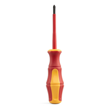 Red and yellow insulated Phillips head screwdriver, 80mm, with a black tip and chrome vanadium shaft.