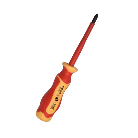 A red and yellow Chrome Vanadium insulated Phillips head screwdriver, Ph2 X 100mm, shown diagonally against a white