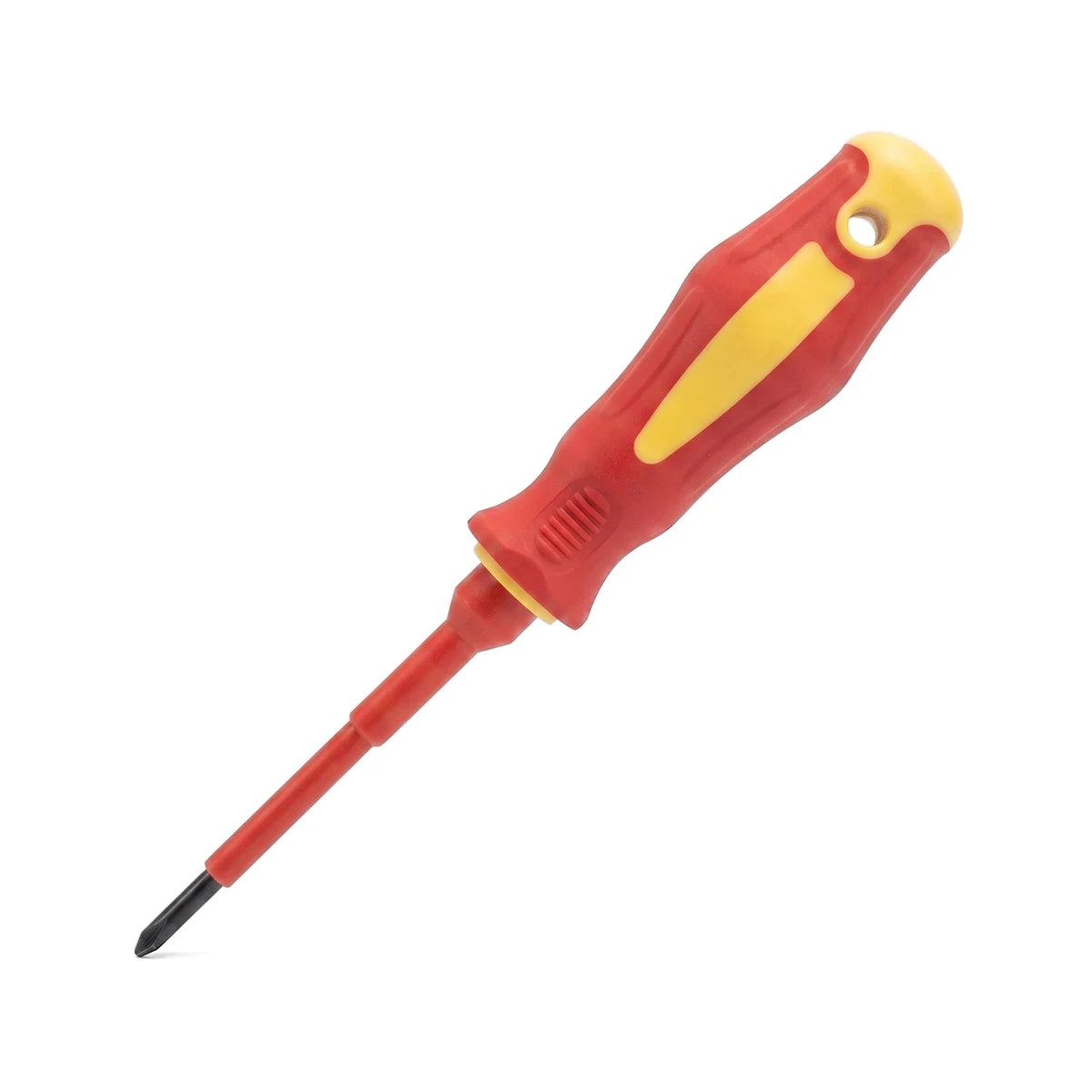 Chrome Vanadium Insulated Screwdriver, Ph0 X 60mm, featuring a red and yellow ergonomic handle and a black tip, isolated on
