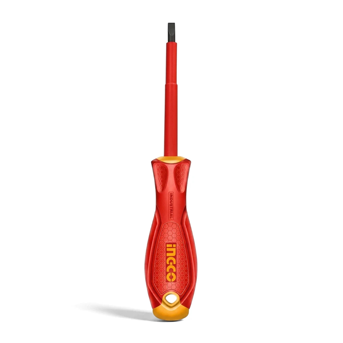Chrome Vanadium insulated screwdriver, 3 x 75mm, with a red and yellow handle and a black flathead tip, viewed vertically.