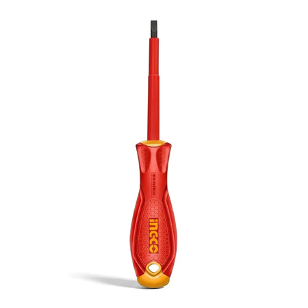 Chrome Vanadium insulated screwdriver, 3 x 75mm, with a red and yellow handle and a black flathead tip, viewed vertically.