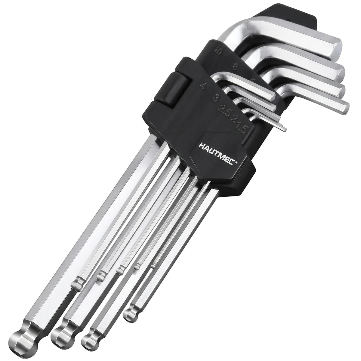 Silver Chrome Vanadium long allen key set, 9-piece, with sizes ranging from 1.5mm to 10mm in a black holder.