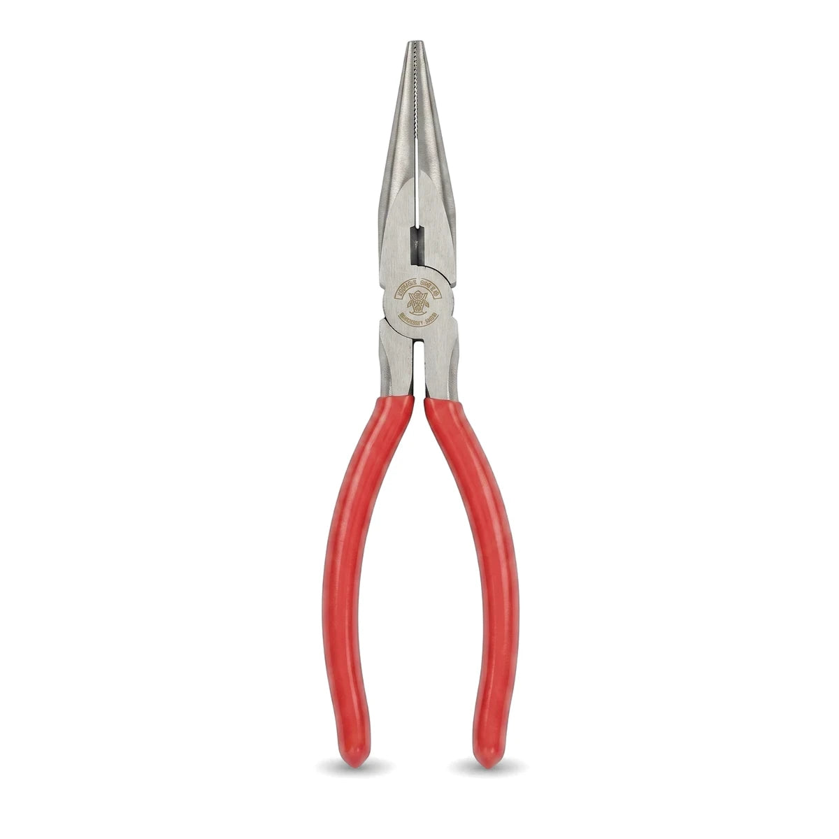 160mm Chrome Vanadium long nose pliers with vibrant red handles and metallic jaws, centered on a white background.