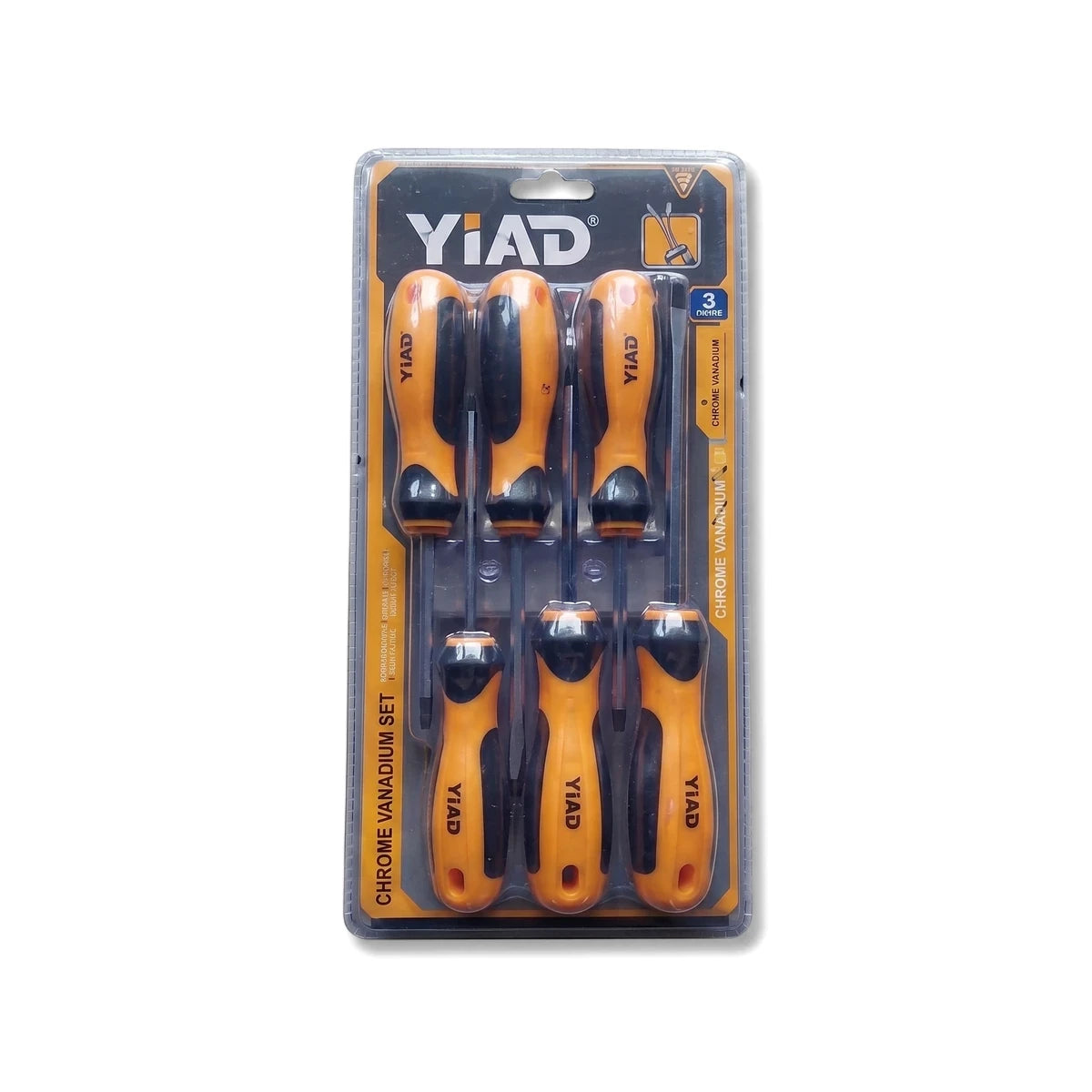 Six-piece Chrome Vanadium screwdriver set in blister packaging, featuring orange and black handles for various repairs.