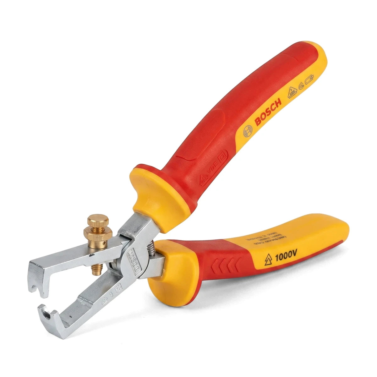 Chrome Vanadium Wire Stripper Pliers, 160mm, with red and yellow insulated handles and metallic jaws, shown at a slight