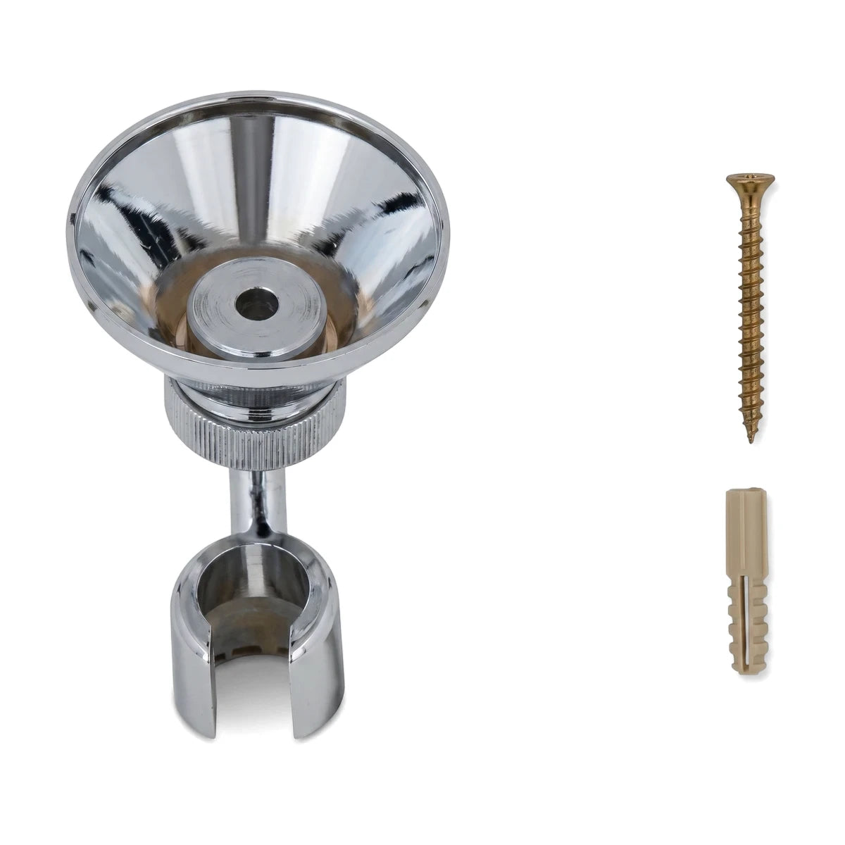 Chrome wall hook for hand shower with a reflective finish, packaged with a gold screw and wall plug for mounting.