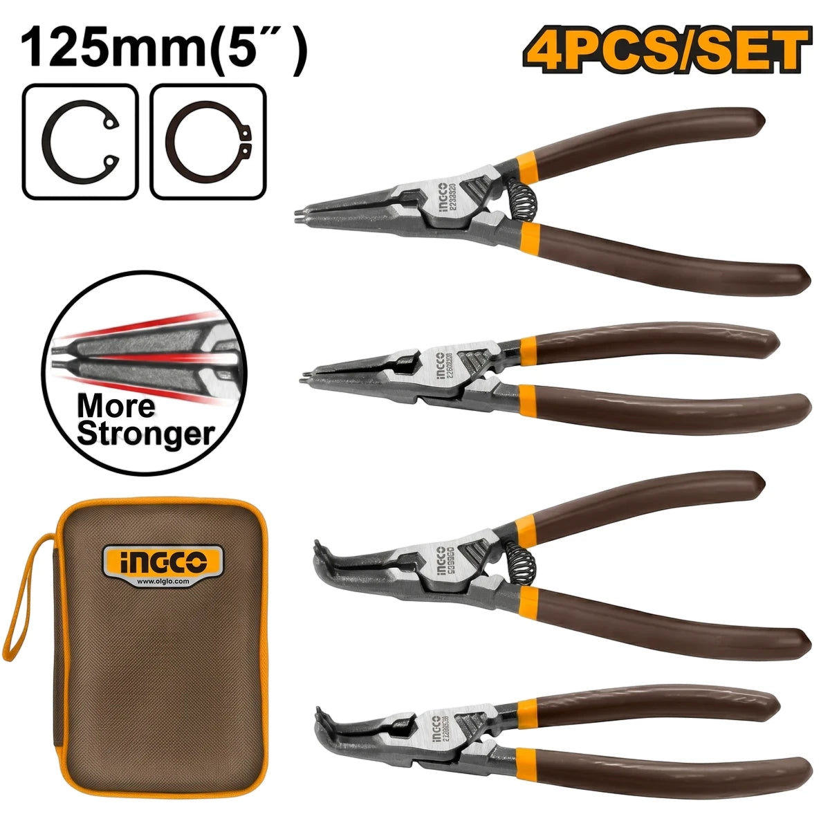 A 4-piece 125mm circlip pliers set with brown and yellow handles, displayed with a compact storage pouch.