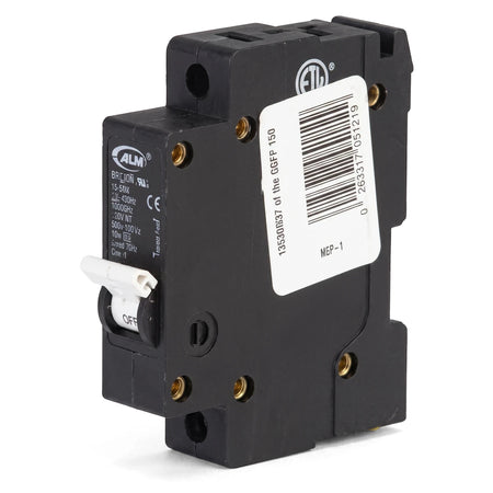 Black 50A 3Ka single pole DIN rail circuit breaker with white toggle switch and barcode label.