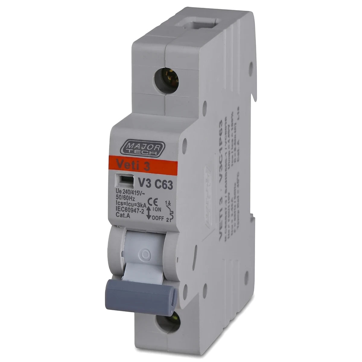 Grey and white 63A 3Ka single pole DIN rail circuit breaker, designed for electrical circuit protection.