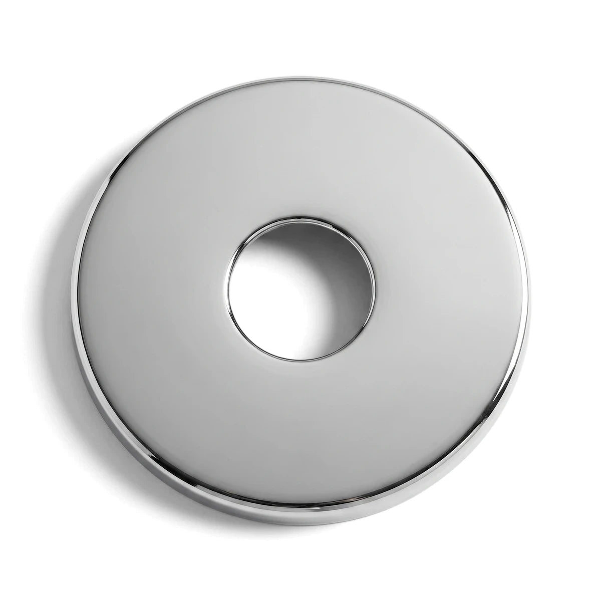 Circular chrome wall cover plate for shower parts, featuring a polished finish and a central opening, viewed from above.