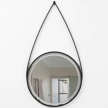 Modern circular mirror with black leather strap and a silver frame. Features a touch switch, perfect for contemporary spaces.