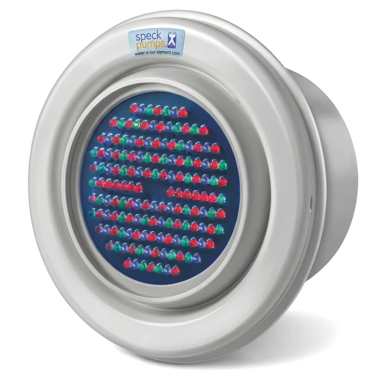 Circular silver pool light with a blue face and multiple red and green LEDs, designed as a spare part or repair kit.